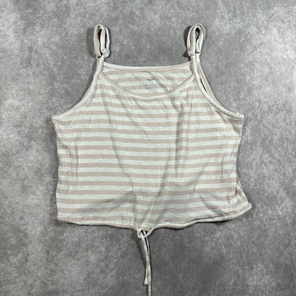 Aerie Striped Ribbed Cami Tank Top Pink White Cropped Cinched Drawstring Hem L